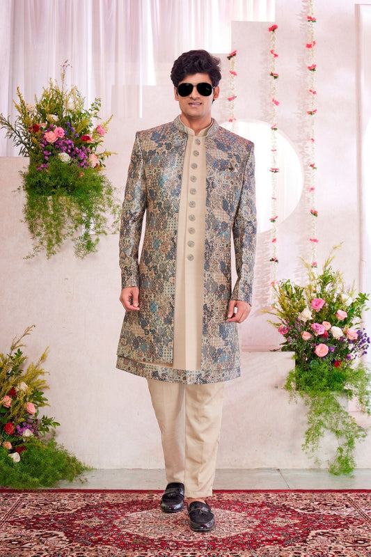Cream Kurta Set with Multicolor Brocade Patterned Indo - Western Jacket for Men - Mangaldeep NX