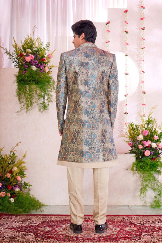 Cream Kurta Set with Multicolor Brocade Patterned Indo - Western Jacket for Men - Mangaldeep NX