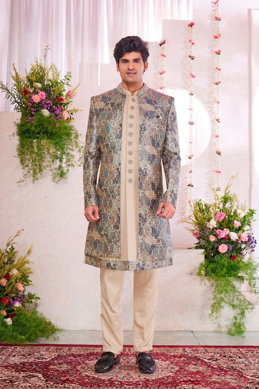 Cream Kurta Set with Multicolor Brocade Patterned Indo - Western Jacket for Men - Mangaldeep NX