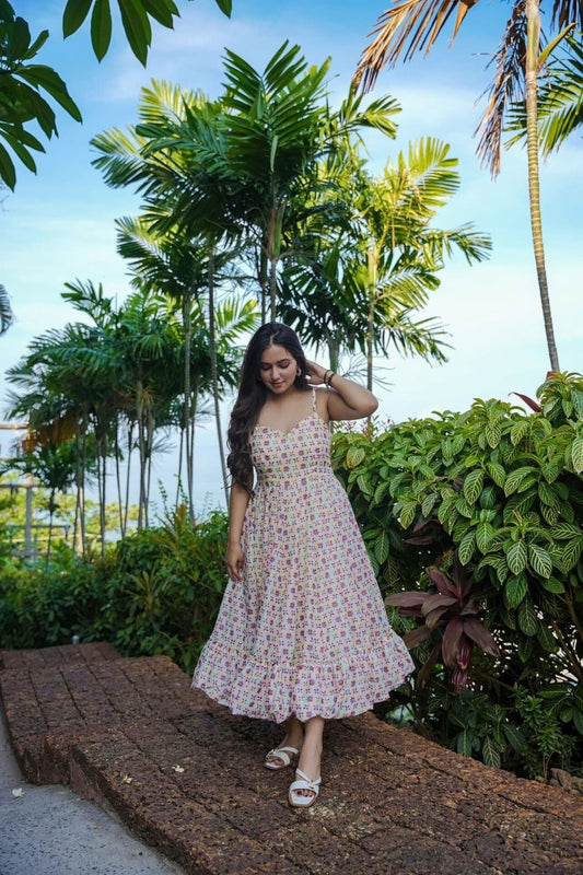 Cream Multicolor Printed Cotton Sleeveless Dress with Ruffled Hem - Mangaldeep NX