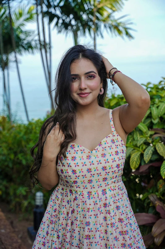 Cream Multicolor Printed Cotton Sleeveless Dress with Ruffled Hem - Mangaldeep NX