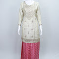 Cream Pink Embroidered Kurta with Striped Sharara and Dupatta Festive Ethnic Set for Women - Mangaldeep NX
