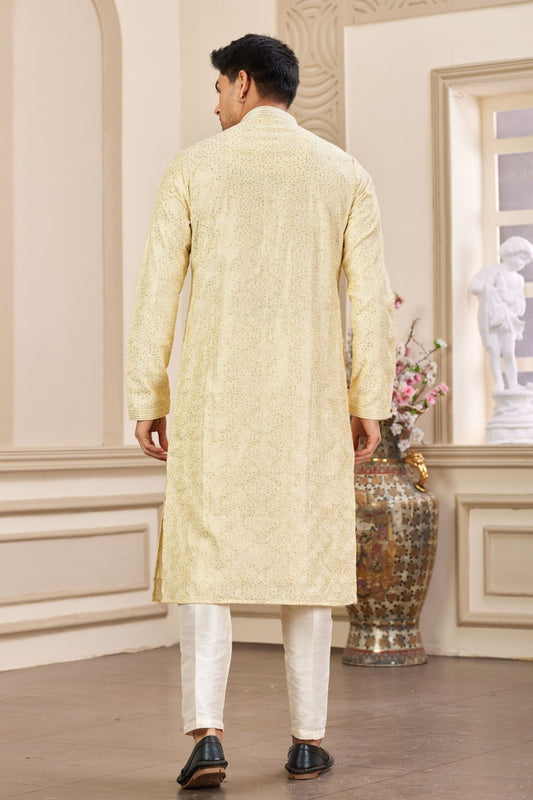 Cream Sequin Embroidered Kurta Pajama Set for Men - Mangaldeep NX