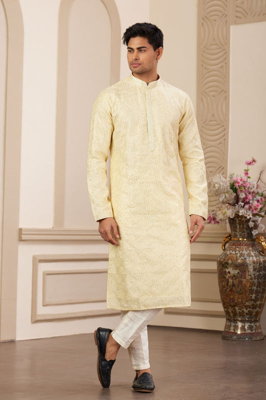 Cream Sequin Embroidered Kurta Pajama Set for Men - Mangaldeep NX