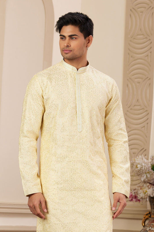 Cream Sequin Embroidered Kurta Pajama Set for Men - Mangaldeep NX