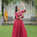 Crimson Red Mirror Work Embroidered Crop Top Lehenga Set with Gota Detailing - Mangaldeep NX