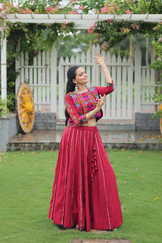 Crimson Red Mirror Work Embroidered Crop Top Lehenga Set with Gota Detailing - Mangaldeep NX