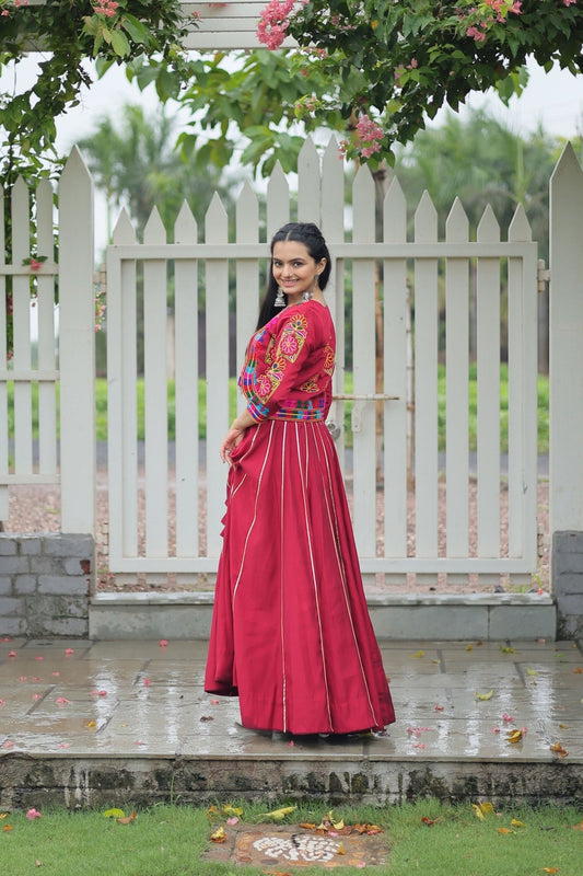 Crimson Red Mirror Work Embroidered Crop Top Lehenga Set with Gota Detailing - Mangaldeep NX
