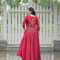 Crimson Red Mirror Work Embroidered Crop Top Lehenga Set with Gota Detailing - Mangaldeep NX