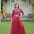 Crimson Red Mirror Work Embroidered Crop Top Lehenga Set with Gota Detailing - Mangaldeep NX