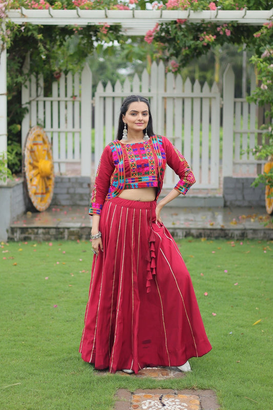 Crimson Red Mirror Work Embroidered Crop Top Lehenga Set with Gota Detailing - Mangaldeep NX