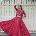 Crimson Red Mirror Work Embroidered Crop Top Lehenga Set with Gota Detailing - Mangaldeep NX