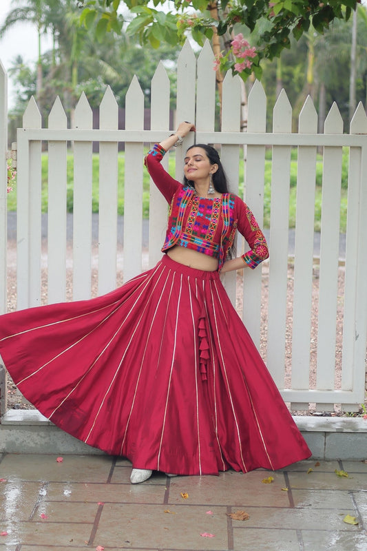 Crimson Red Mirror Work Embroidered Crop Top Lehenga Set with Gota Detailing - Mangaldeep NX