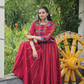 Crimson Red Mirror Work Embroidered Crop Top Lehenga Set with Gota Detailing - Mangaldeep NX