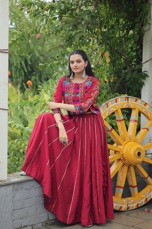 Crimson Red Mirror Work Embroidered Crop Top Lehenga Set with Gota Detailing - Mangaldeep NX