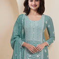 Cyan Embroidered Straight Cut Salwar Suit with Dupatta - Mangaldeep NX
