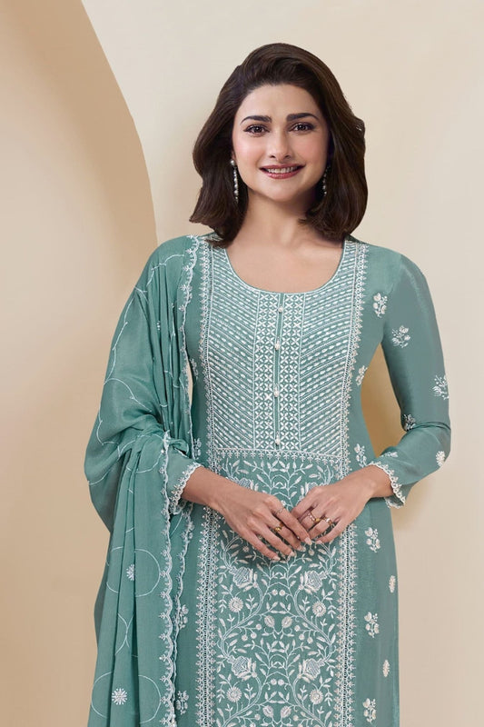 Cyan Embroidered Straight Cut Salwar Suit with Dupatta - Mangaldeep NX