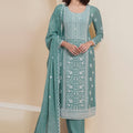 Cyan Embroidered Straight Cut Salwar Suit with Dupatta - Mangaldeep NX