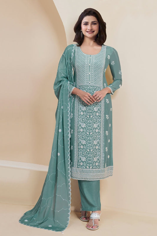 Cyan Embroidered Straight Cut Salwar Suit with Dupatta - Mangaldeep NX