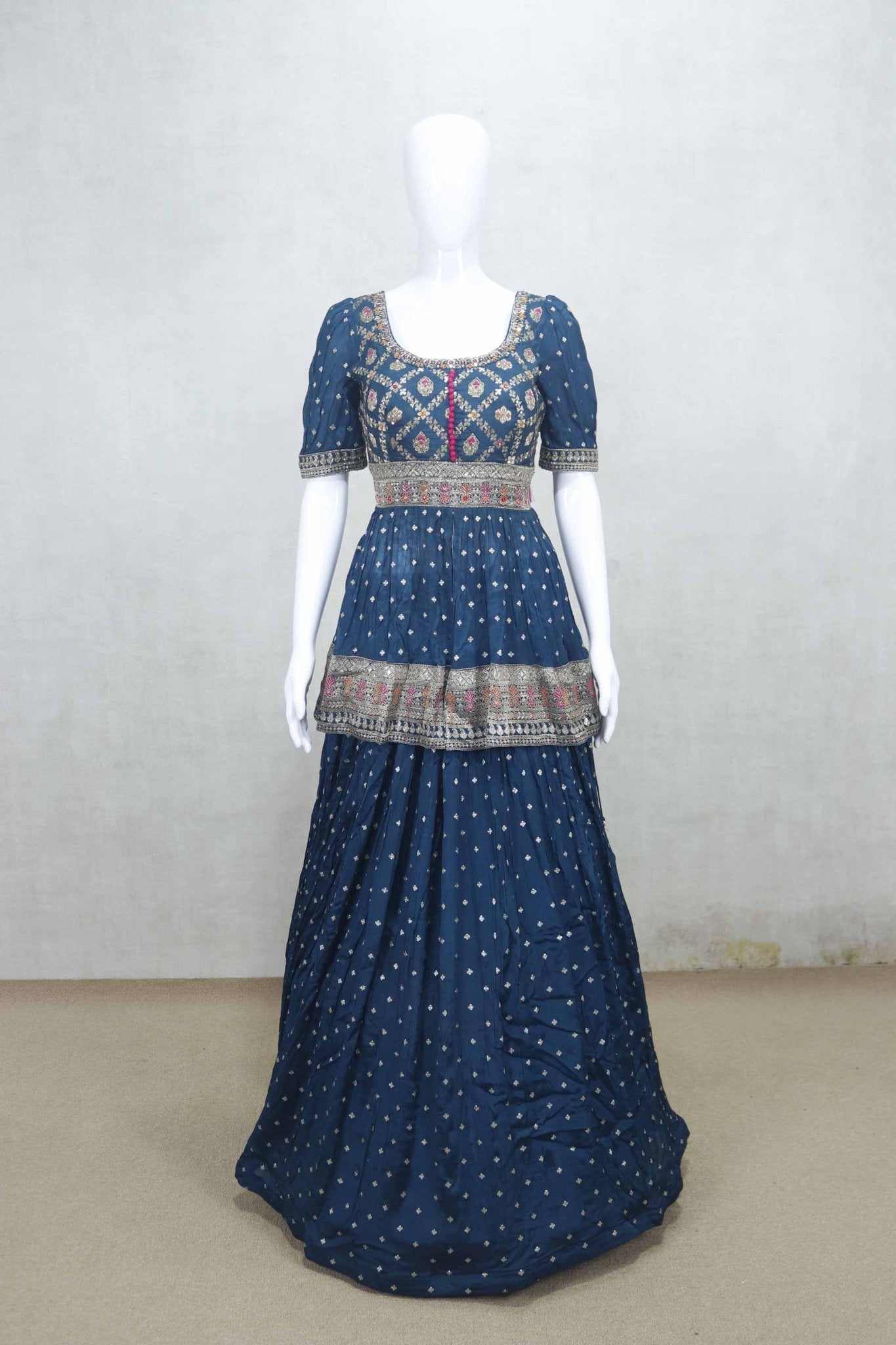 Dark Blue Mirror Work Crop Top Style Lehenga Set with Embroidered Dupatta - Mangaldeep NX