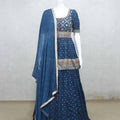 Dark Blue Mirror Work Crop Top Style Lehenga Set with Embroidered Dupatta - Mangaldeep NX