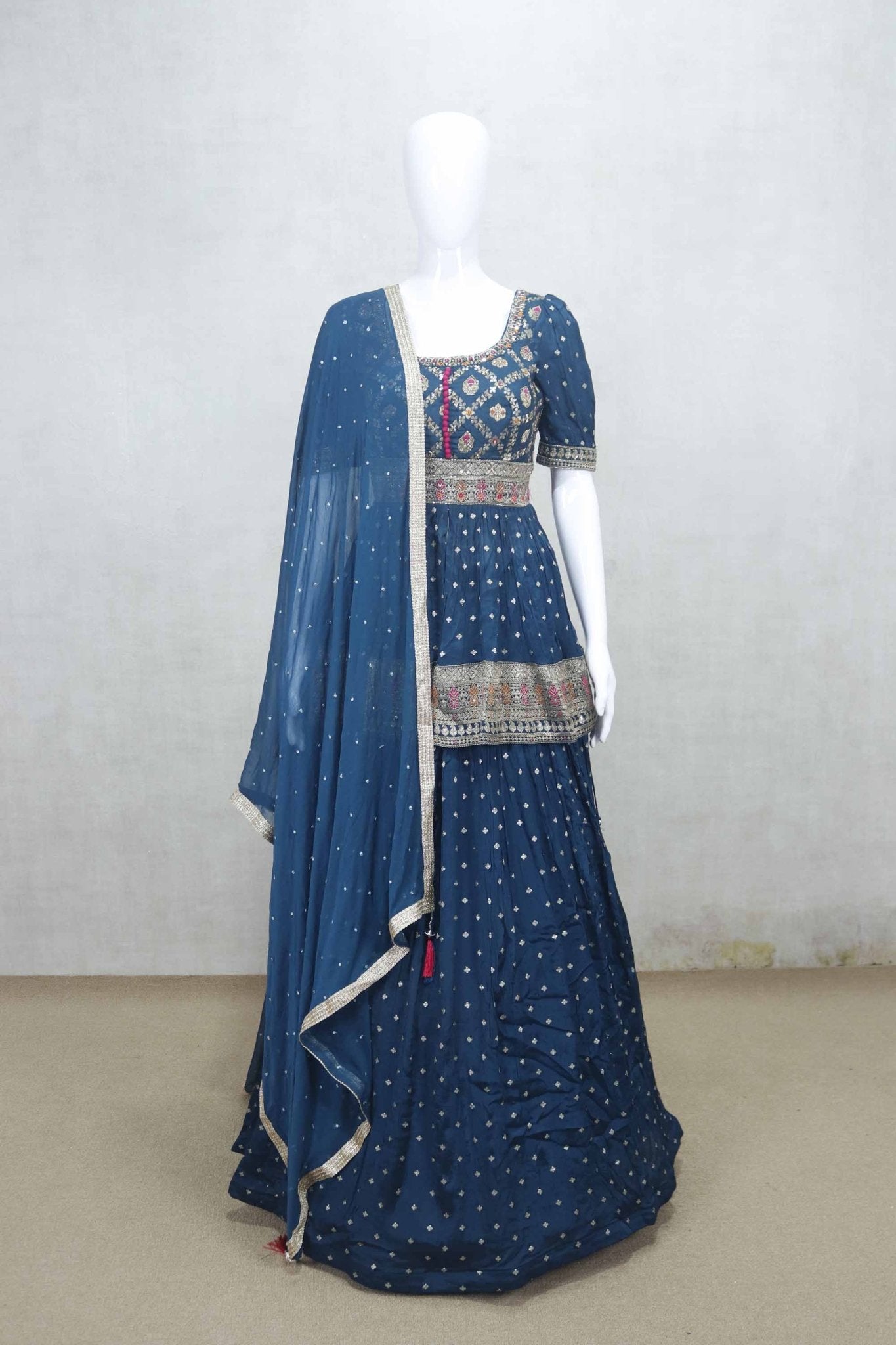 Dark Blue Mirror Work Crop Top Style Lehenga Set with Embroidered Dupatta - Mangaldeep NX