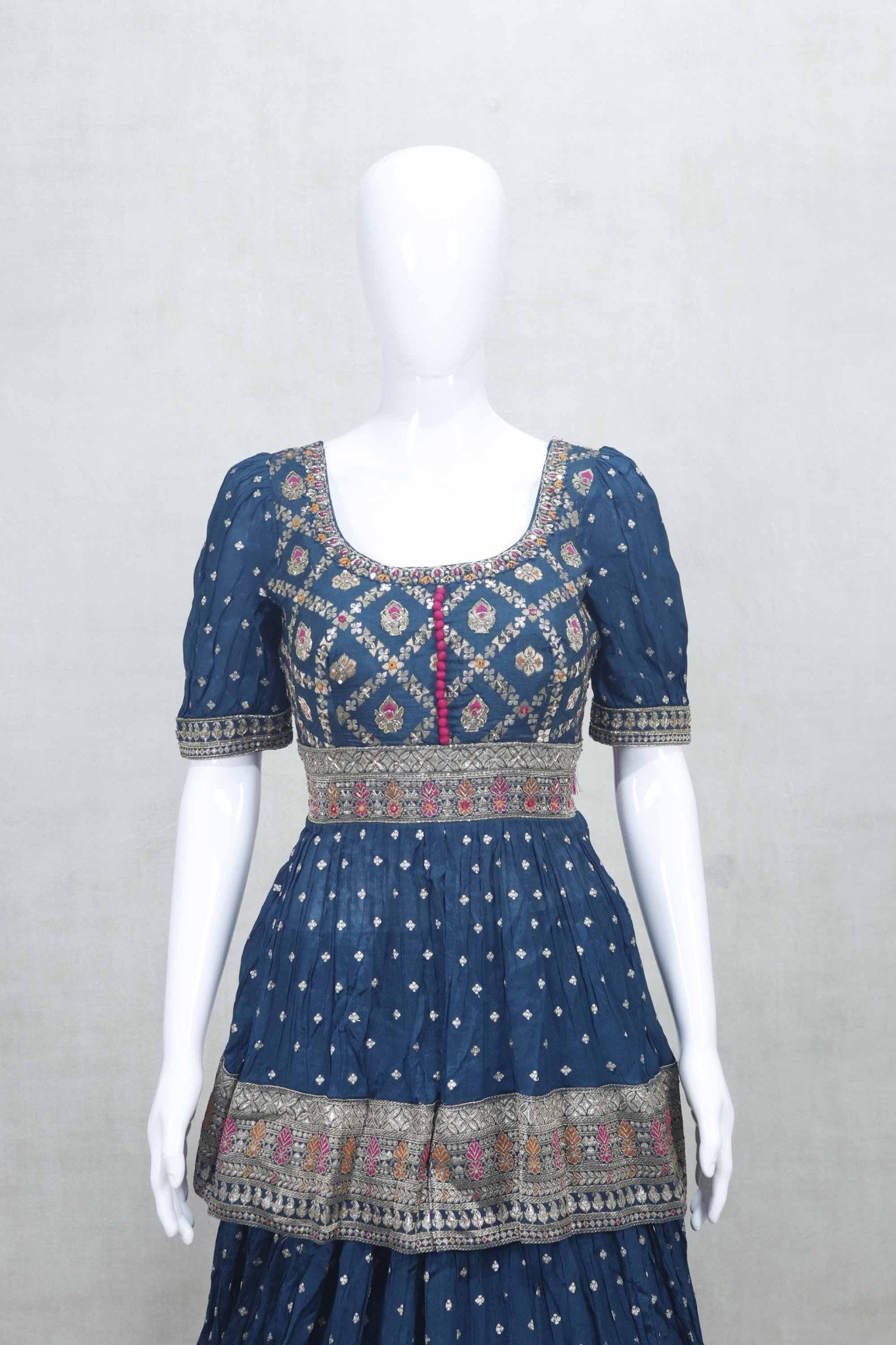 Dark Blue Mirror Work Crop Top Style Lehenga Set with Embroidered Dupatta - Mangaldeep NX