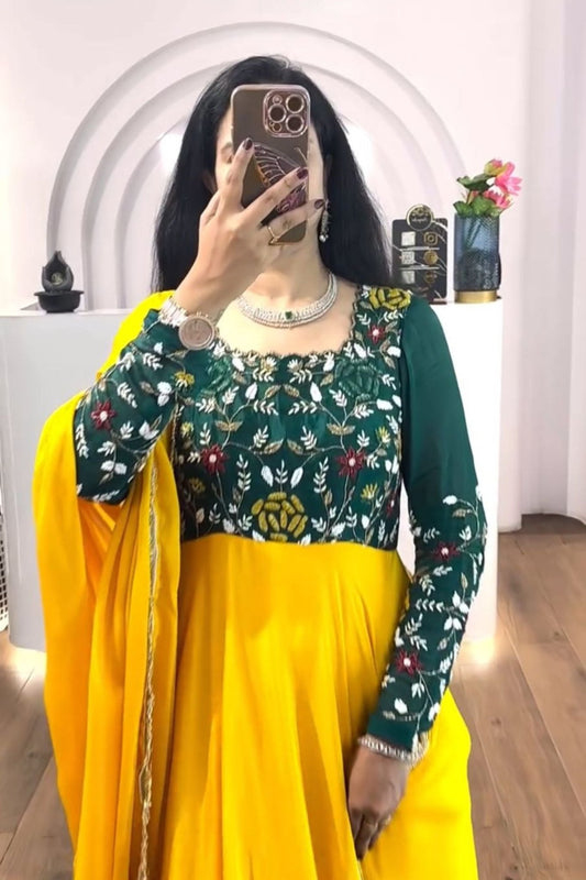 Dark Green and Yellow Anarkali Gown for Women with Embroidered Bodice and Dupatta - Mangaldeep NX