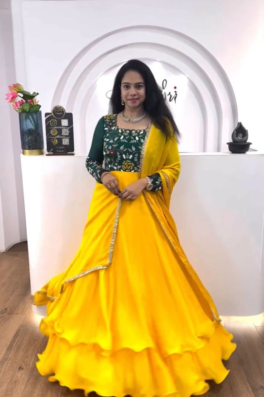 Dark Green and Yellow Anarkali Gown for Women with Embroidered Bodice and Dupatta - Mangaldeep NX