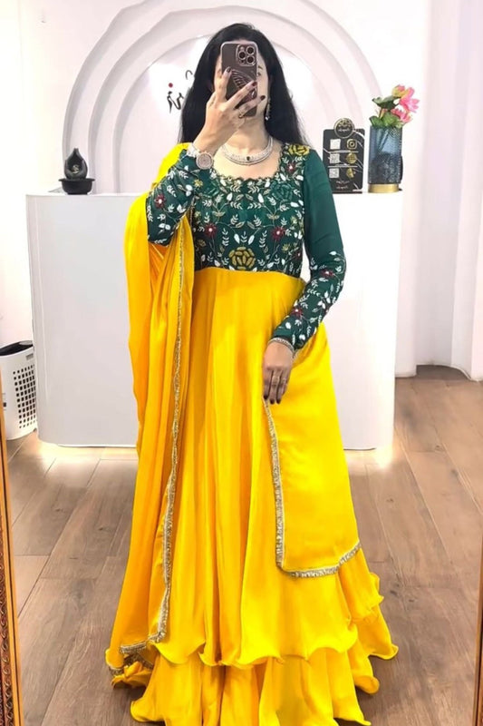 Dark Green and Yellow Anarkali Gown for Women with Embroidered Bodice and Dupatta - Mangaldeep NX