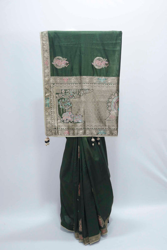 Dark Green Banarasi Silk Saree with Silver Zari Embroidery and Elephant Pallu Design - Mangaldeep NX