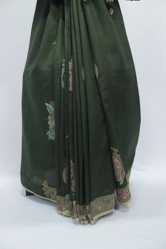 Dark Green Banarasi Silk Saree with Silver Zari Embroidery and Elephant Pallu Design - Mangaldeep NX