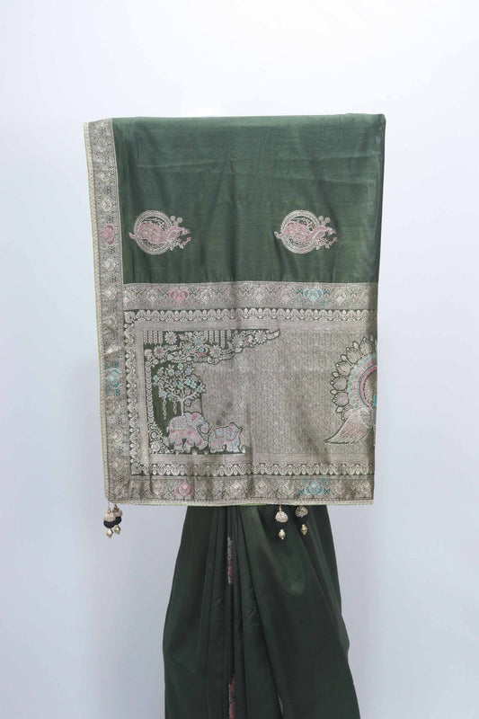 Dark Green Banarasi Silk Saree with Silver Zari Embroidery and Elephant Pallu Design - Mangaldeep NX