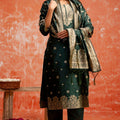 Dark Green Cotton Blend Straight Suit Set with Zari Embroidery and Dupatta - Mangaldeep NX