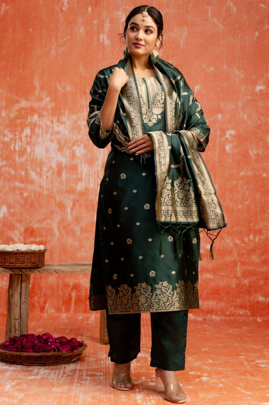 Dark Green Cotton Blend Straight Suit Set with Zari Embroidery and Dupatta - Mangaldeep NX
