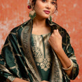 Dark Green Cotton Blend Straight Suit Set with Zari Embroidery and Dupatta - Mangaldeep NX