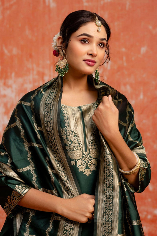 Dark Green Cotton Blend Straight Suit Set with Zari Embroidery and Dupatta - Mangaldeep NX