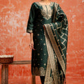 Dark Green Cotton Blend Straight Suit Set with Zari Embroidery and Dupatta - Mangaldeep NX