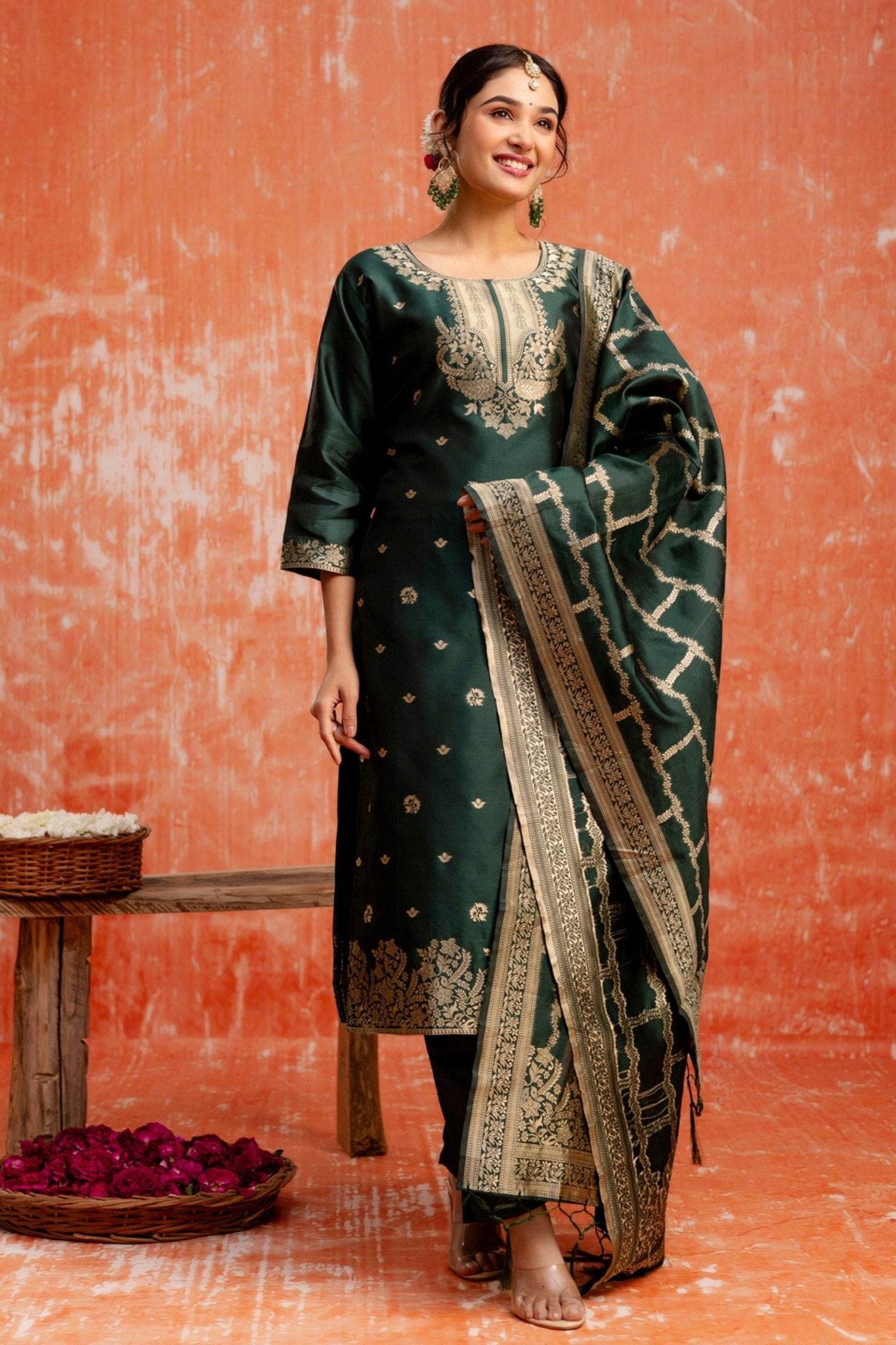 Dark Green Cotton Blend Straight Suit Set with Zari Embroidery and Dupatta - Mangaldeep NX