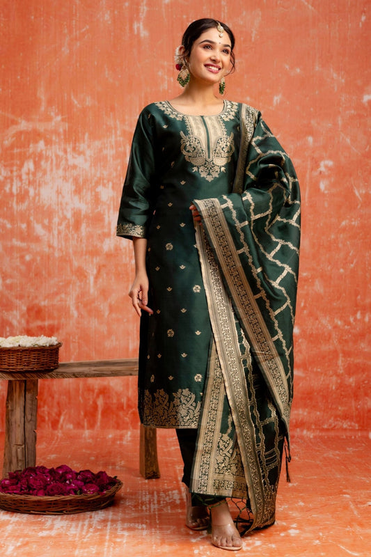 Dark Green Cotton Blend Straight Suit Set with Zari Embroidery and Dupatta - Mangaldeep NX