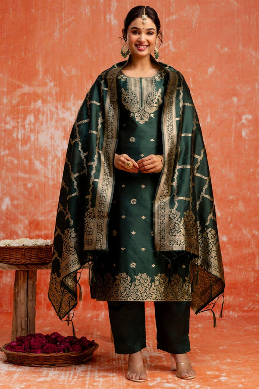 Dark Green Cotton Blend Straight Suit Set with Zari Embroidery and Dupatta - Mangaldeep NX