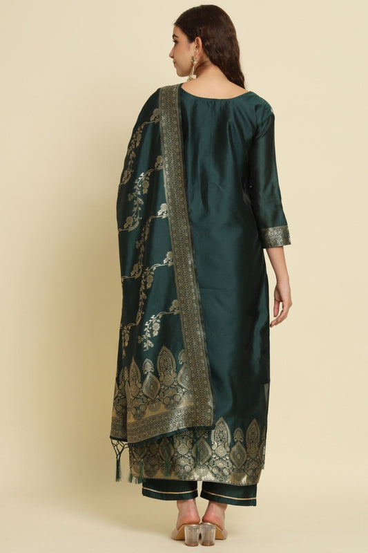 Dark Green Cotton Silk Jacquard Salwar Suit with Zari Woven Dupatta - Mangaldeep NX