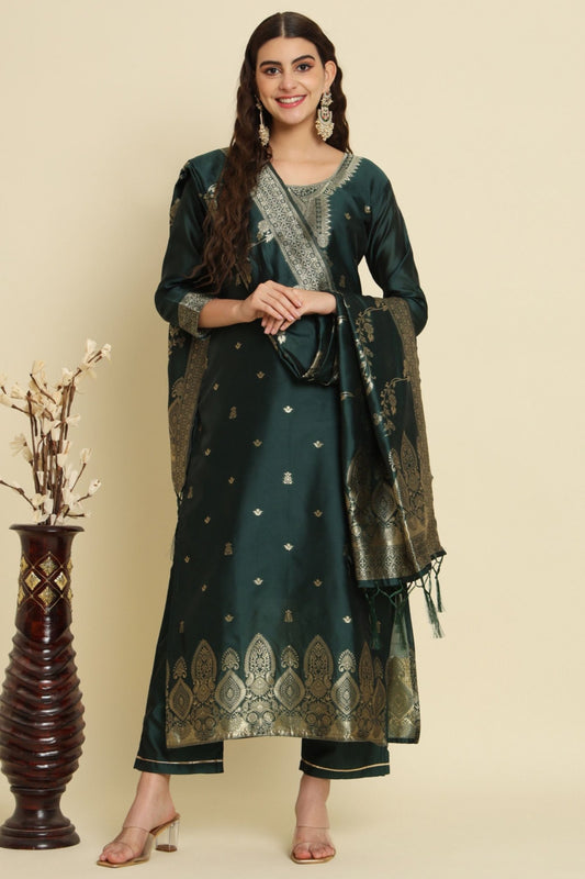 Dark Green Cotton Silk Jacquard Salwar Suit with Zari Woven Dupatta - Mangaldeep NX