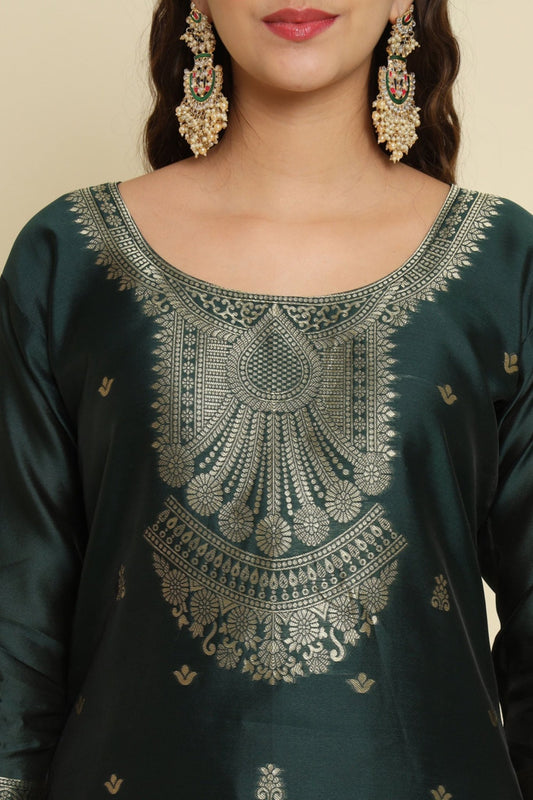 Dark Green Cotton Silk Jacquard Salwar Suit with Zari Woven Dupatta - Mangaldeep NX
