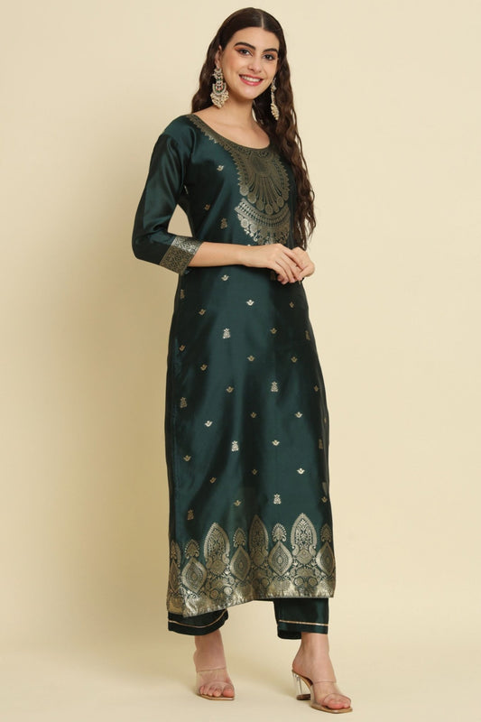 Dark Green Cotton Silk Jacquard Salwar Suit with Zari Woven Dupatta - Mangaldeep NX