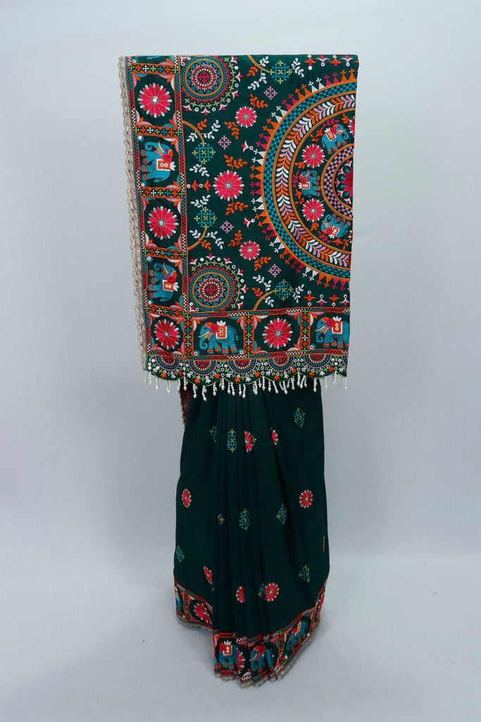 Dark Green Gujarati Mirror Work Embroidered Saree with Elephant Motif and Tassel Border - Mangaldeep NX