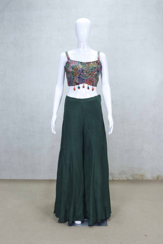 Dark Green Indo - Western Palazzo Set with Embroidered Floral Cape and Mirror Work Blouse - Mangaldeep NX