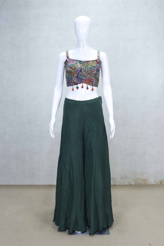 Dark Green Indo - Western Palazzo Set with Embroidered Floral Cape and Mirror Work Blouse - Mangaldeep NX