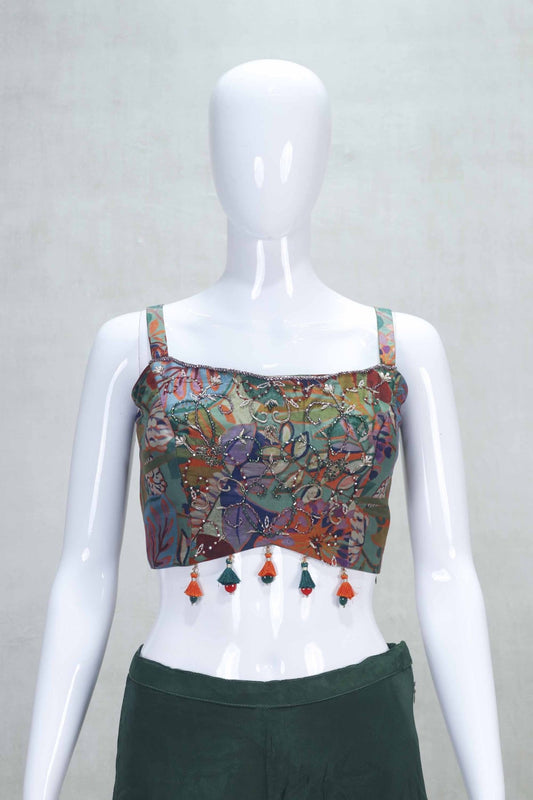 Dark Green Indo - Western Palazzo Set with Embroidered Floral Cape and Mirror Work Blouse - Mangaldeep NX