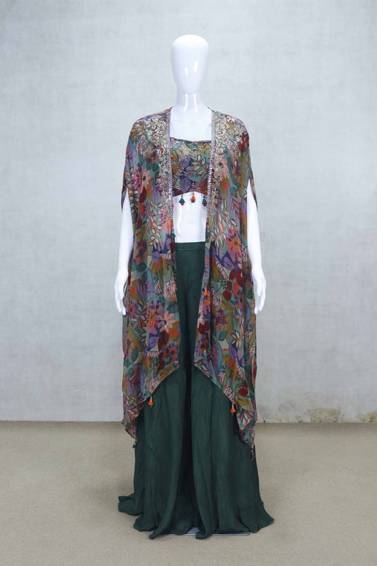 Dark Green Indo - Western Palazzo Set with Embroidered Floral Cape and Mirror Work Blouse - Mangaldeep NX